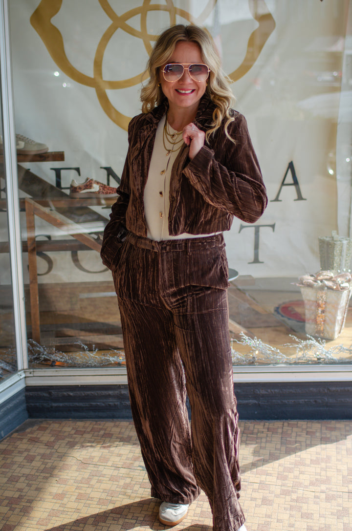 Pure Luxury Chocolate Brown Crushed Velvet Mid Rise Pant
