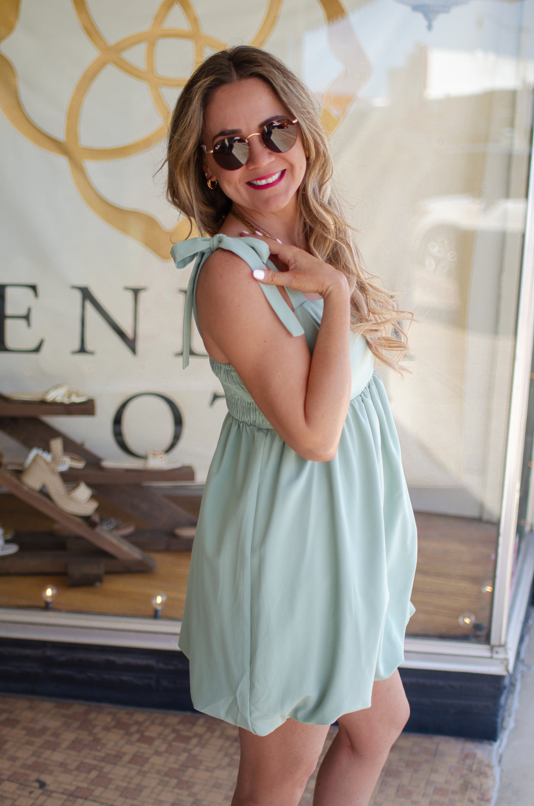 Always By My Side Tie Sleeve Bubble Hem Smocked Top Dress in Sage