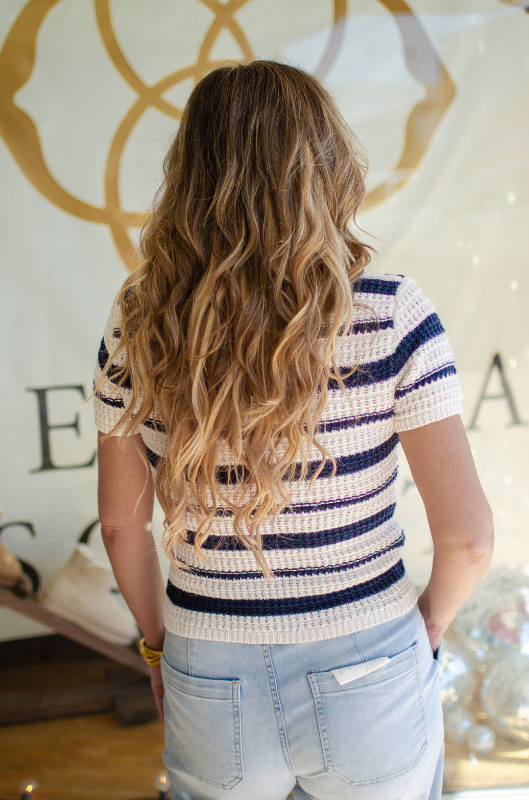 First Love Stripe Collated Scallop Trim Crochet Top in Navy & Cream