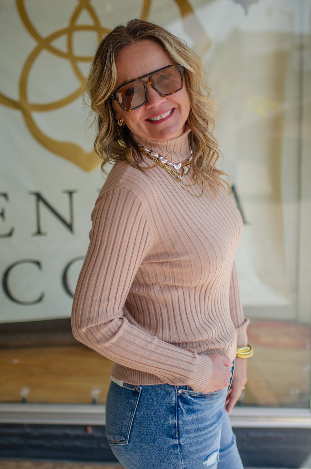 Fall Staple Mock Neck Ribbed Long Sleeve Top in Camel