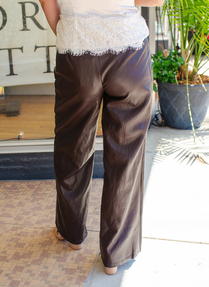 We Belong Together Faux Leather Wide Leg Pant in Espresso