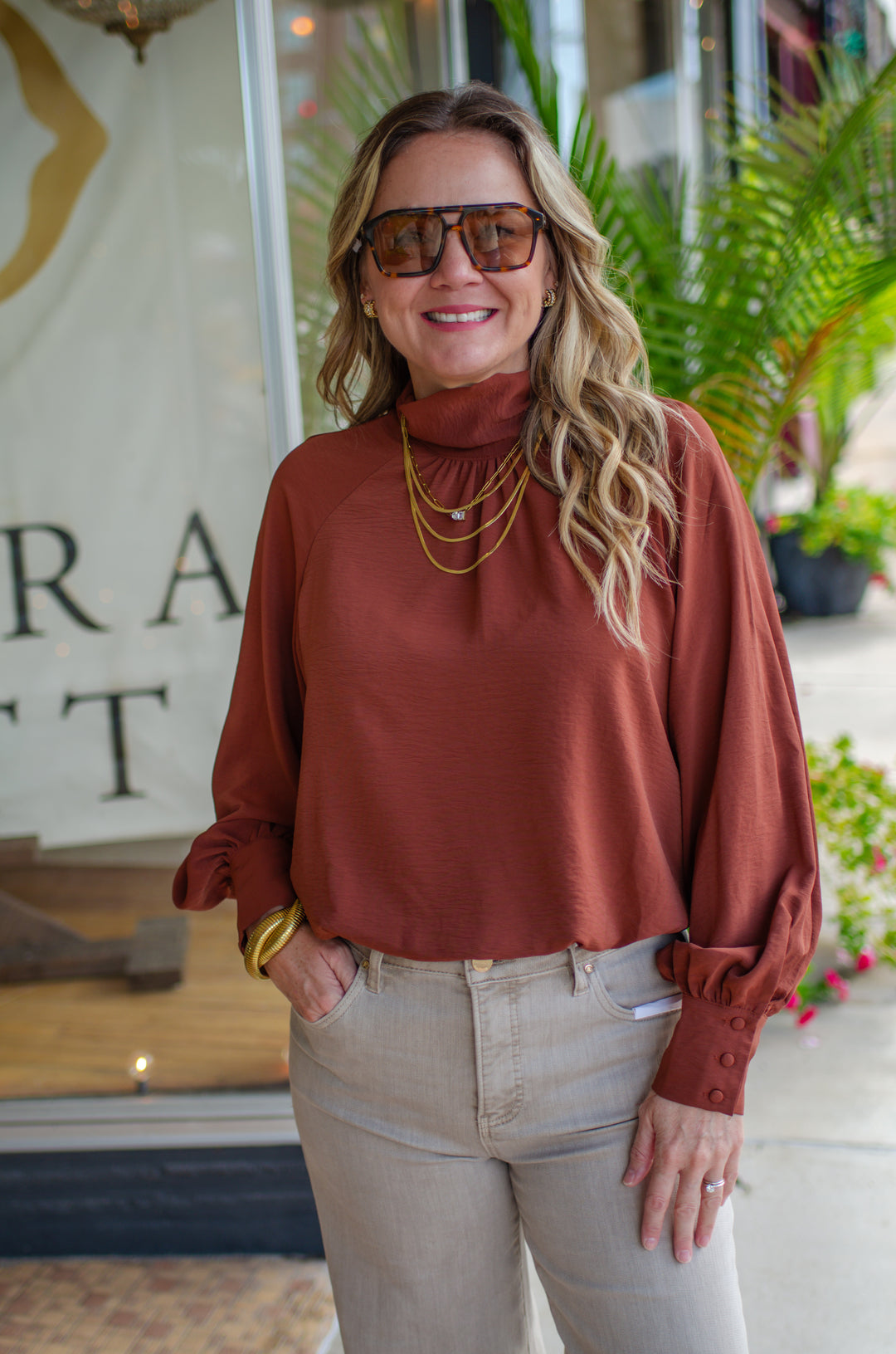 Take Your Time High Necklace Bubble Hem Long Sleeve in Cinnamon