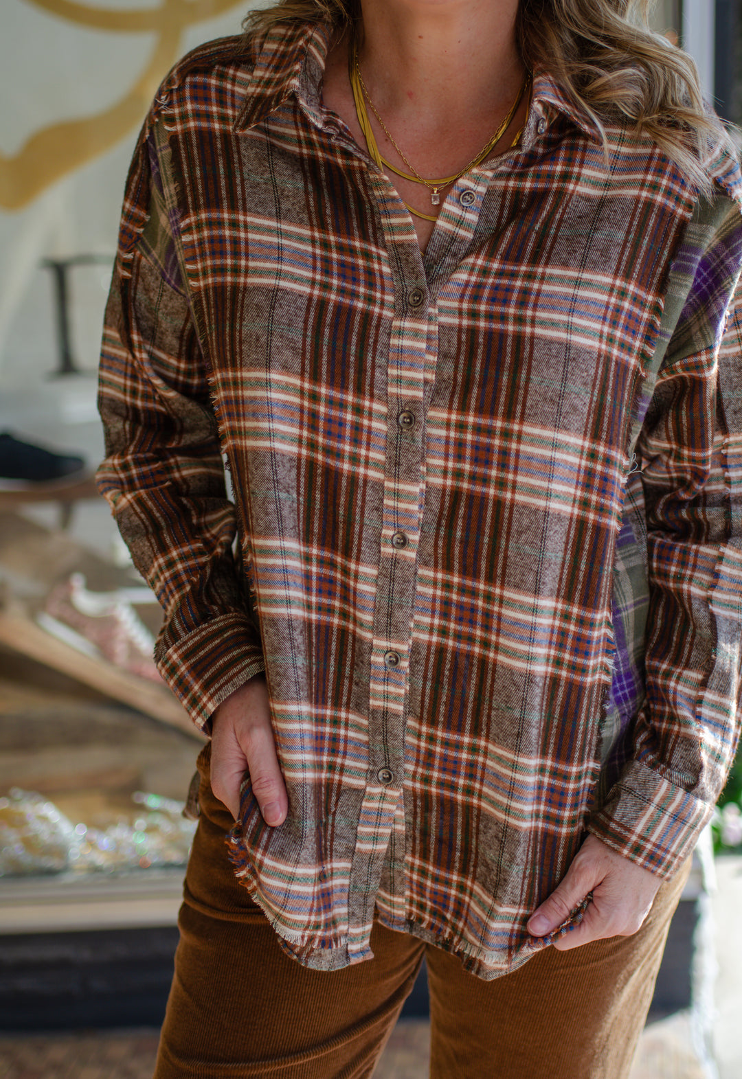 Fall In Love Plaid Button Down Top in Mocha