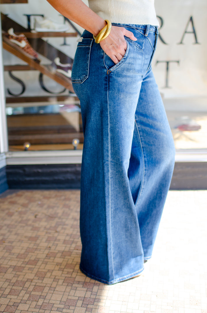 Risen High Rise Wide Leg Jeans with Front Yoke Seam Detail in Dark Wash