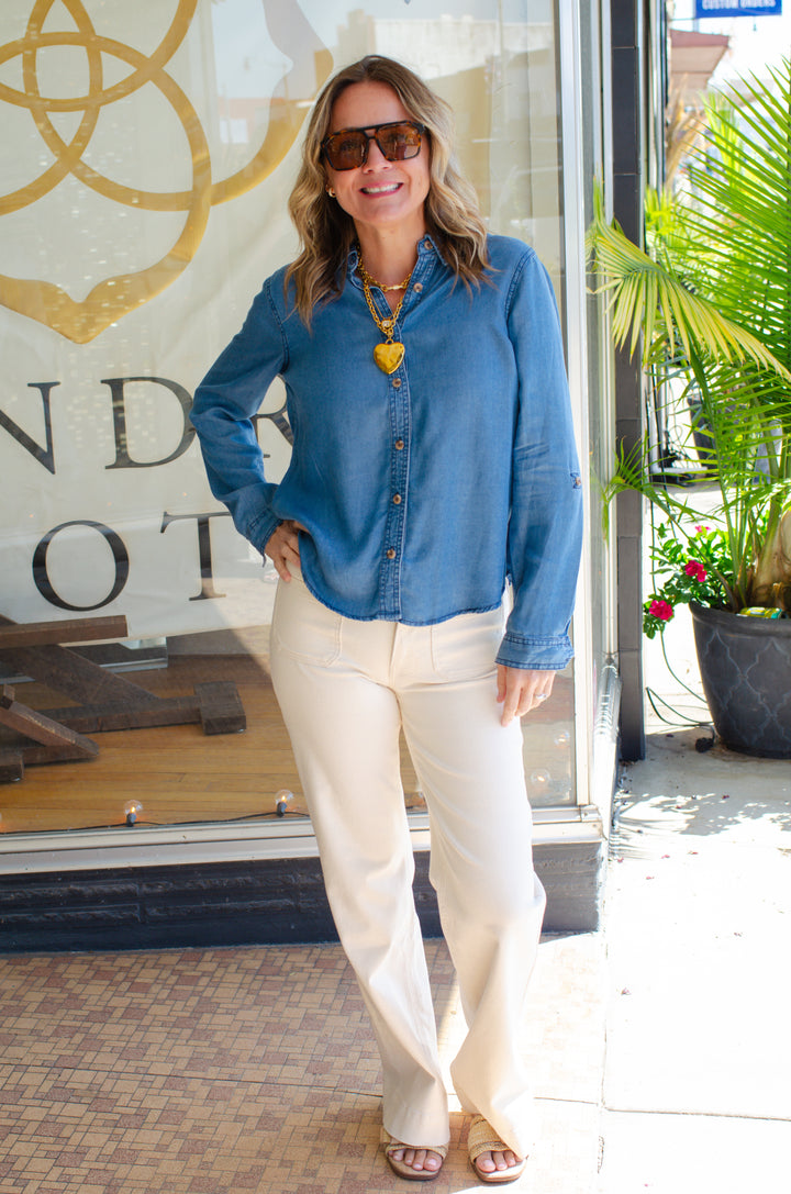 Skip A Beat Chambray Button Down Long Sleeve Top