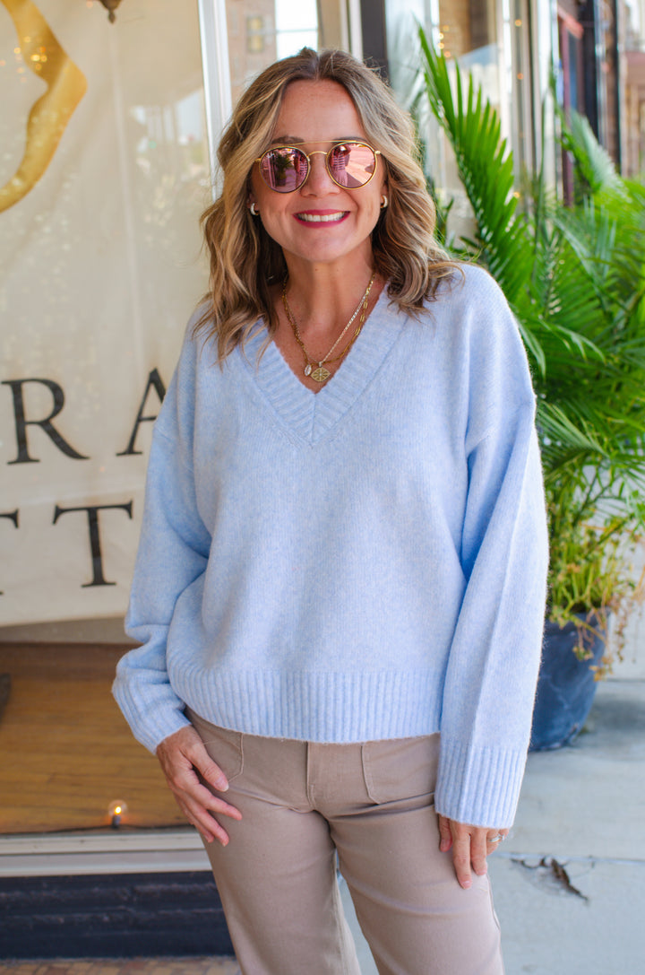 Cozy Fall V-Neck Soft Knit Sweater in Baby Blue