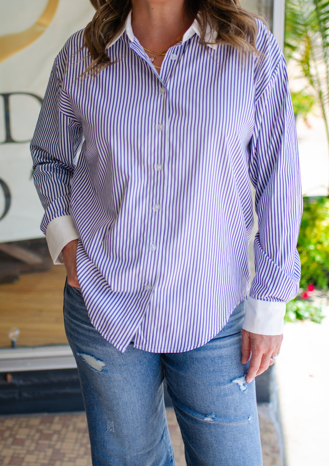 Make My Day Stripe Button Down Top in Navy