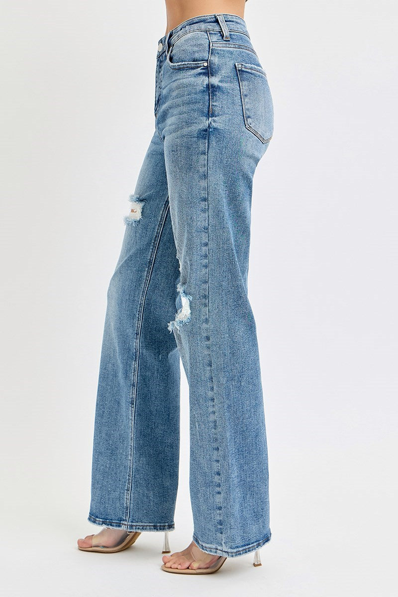 Risen High Rise Wide Leg Ripped Jeans in Medium Wash