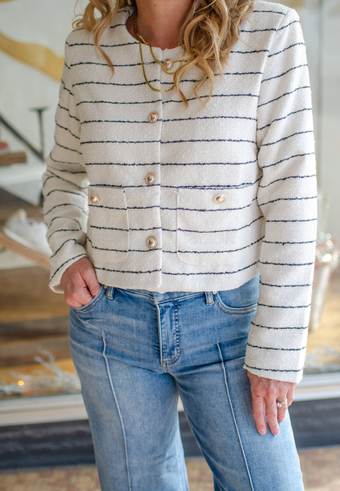 Classic Chic Button Down Stripe Blazer Top
