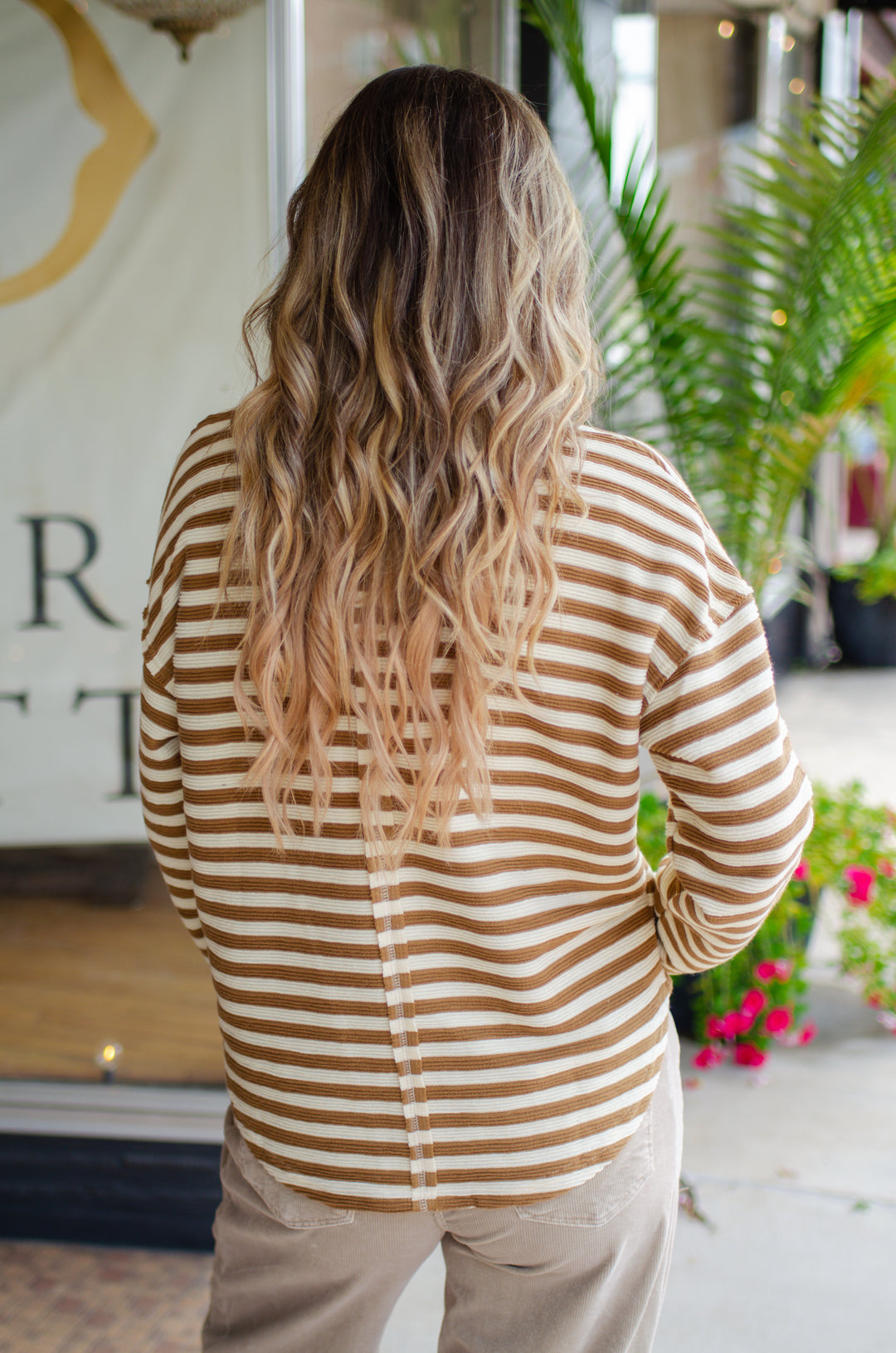 Take Your Time Textured Stripe Split Neckline Long Sleeve Top in Camel