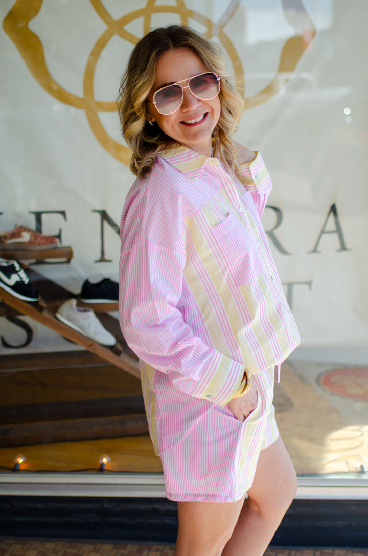 Pink Preppy Button Down Long Sleeve Stripe Top in Pink & Yellow