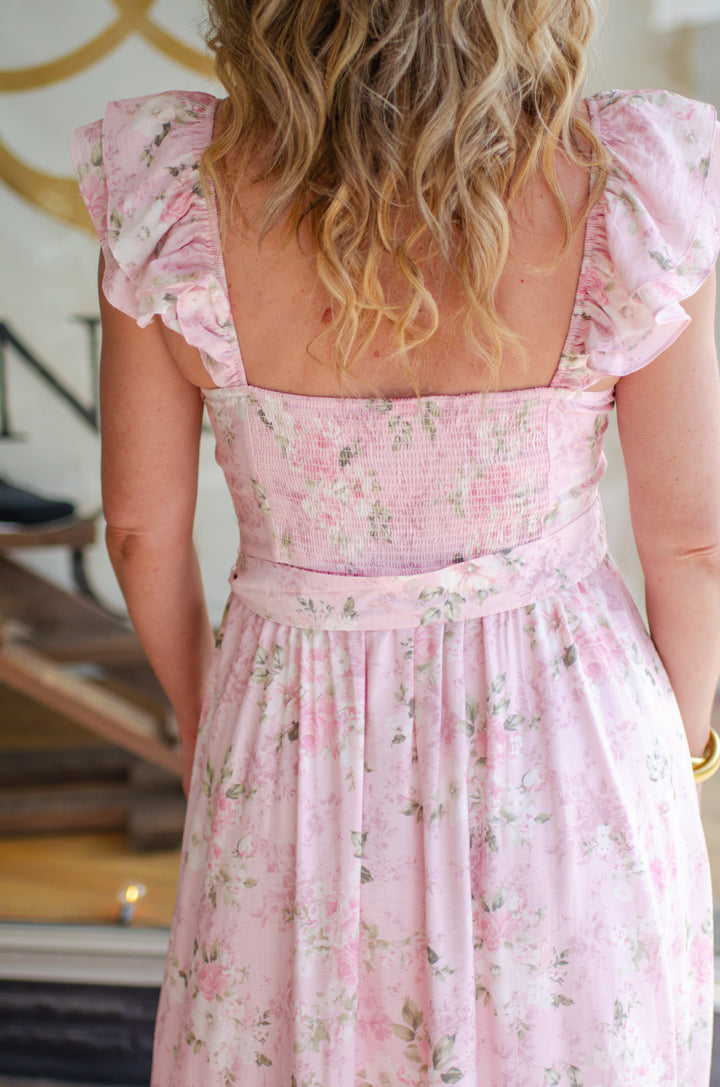 Luxembourg Gardens Pink Floral Corset Top Midi Dress