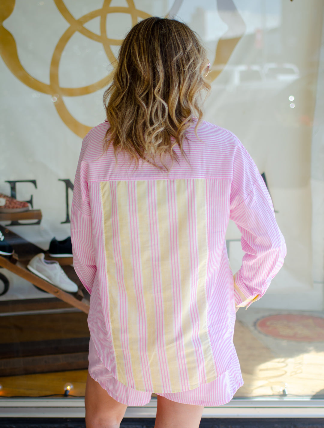 Pink Preppy Button Down Long Sleeve Stripe Top in Pink & Yellow