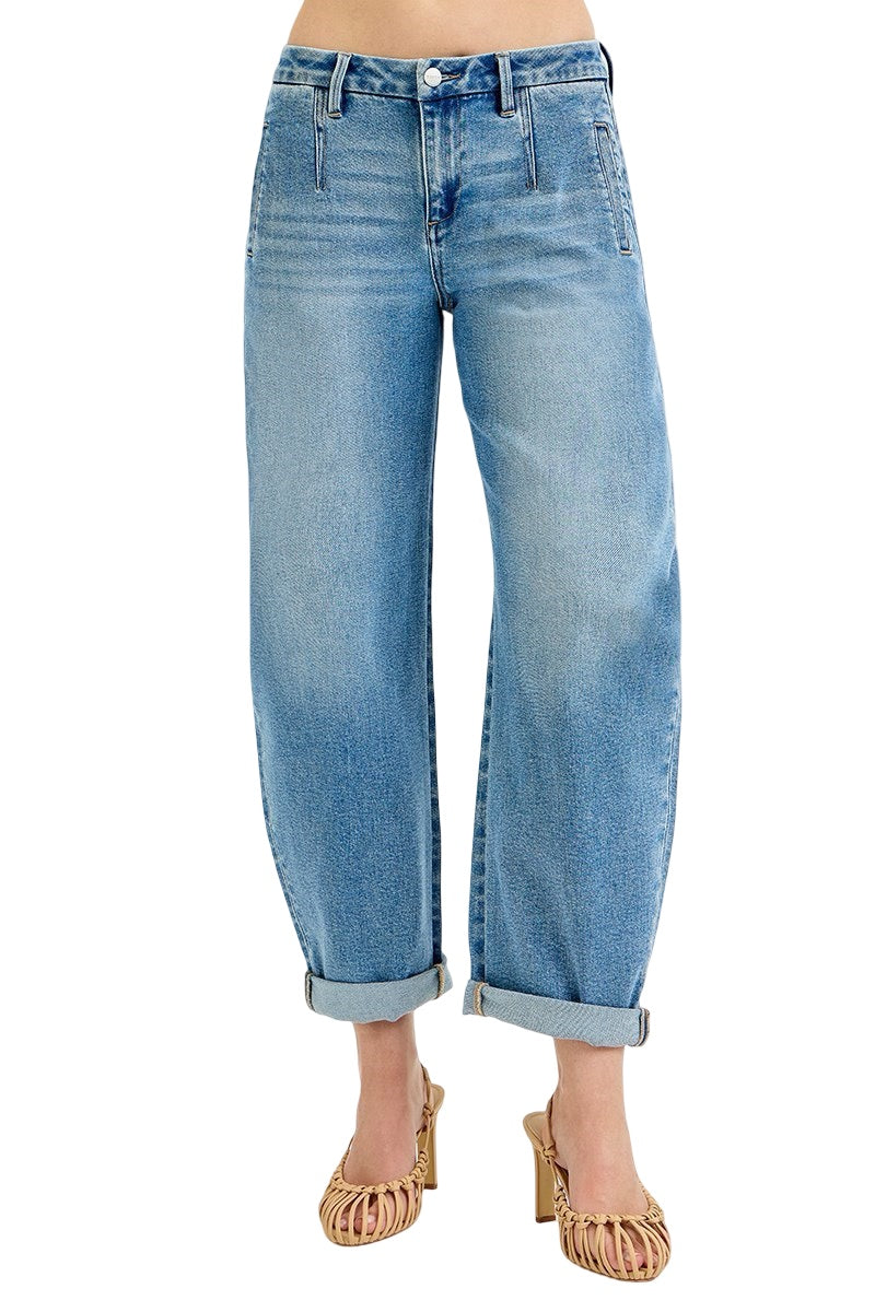 Risen Slouchy Barrel Rolled Up Jeans in Medium Wash