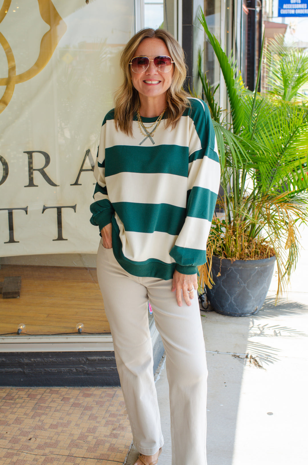 Be Bold Green & Cream Stripe Oversized Crewneck Long Sleeve Top