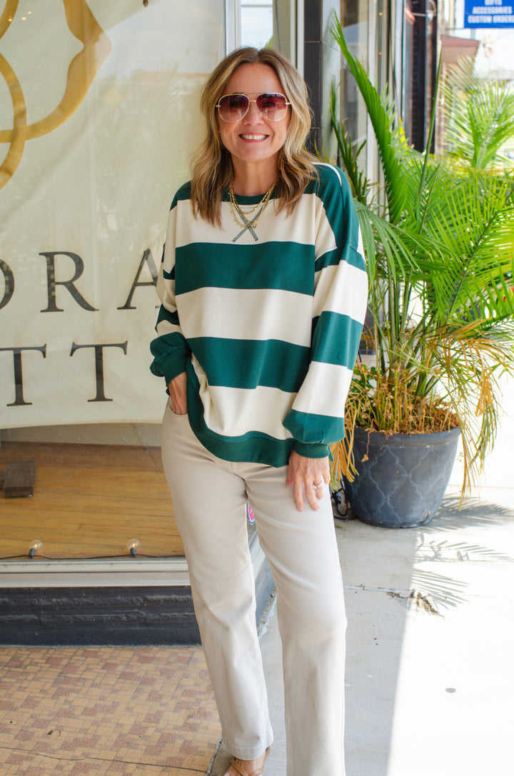 Be Bold Green & Cream Stripe Oversized Crewneck Long Sleeve Top