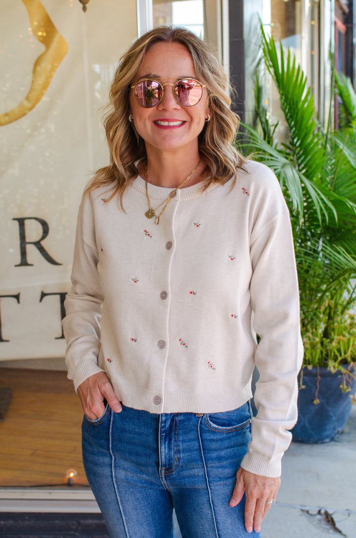 Sweet Symphony Floral Embroidered Cardigan in Cream
