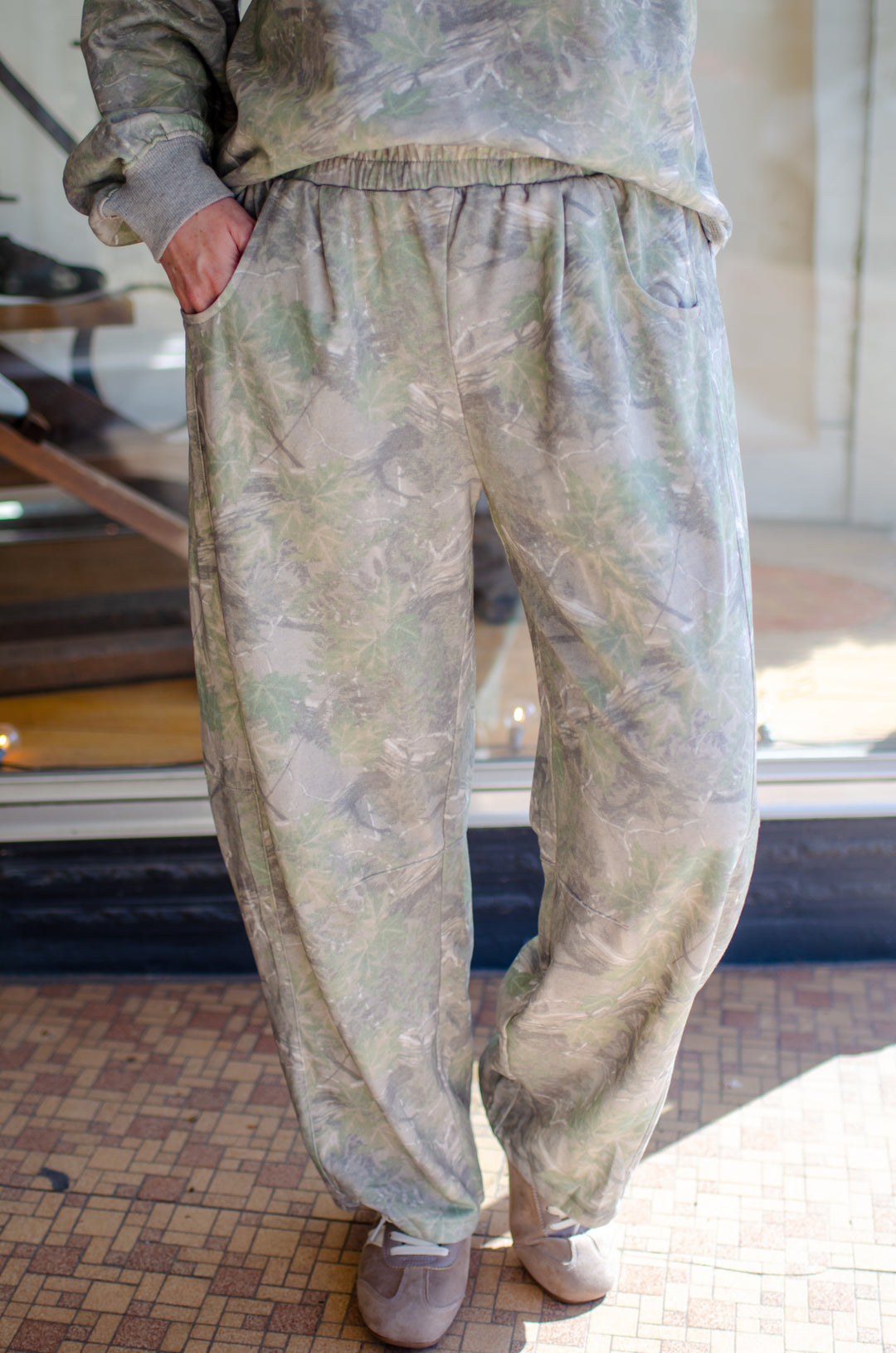 See You Now Camo Print Casual Knit Barrel Pants in Olive