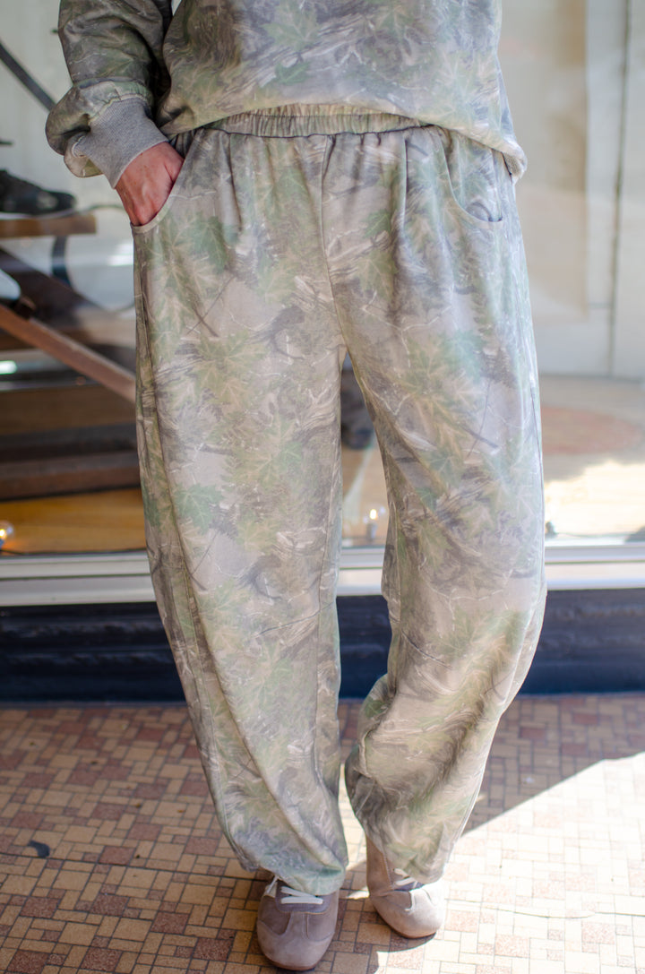 See You Now Camo Print Casual Knit Barrel Pants in Olive