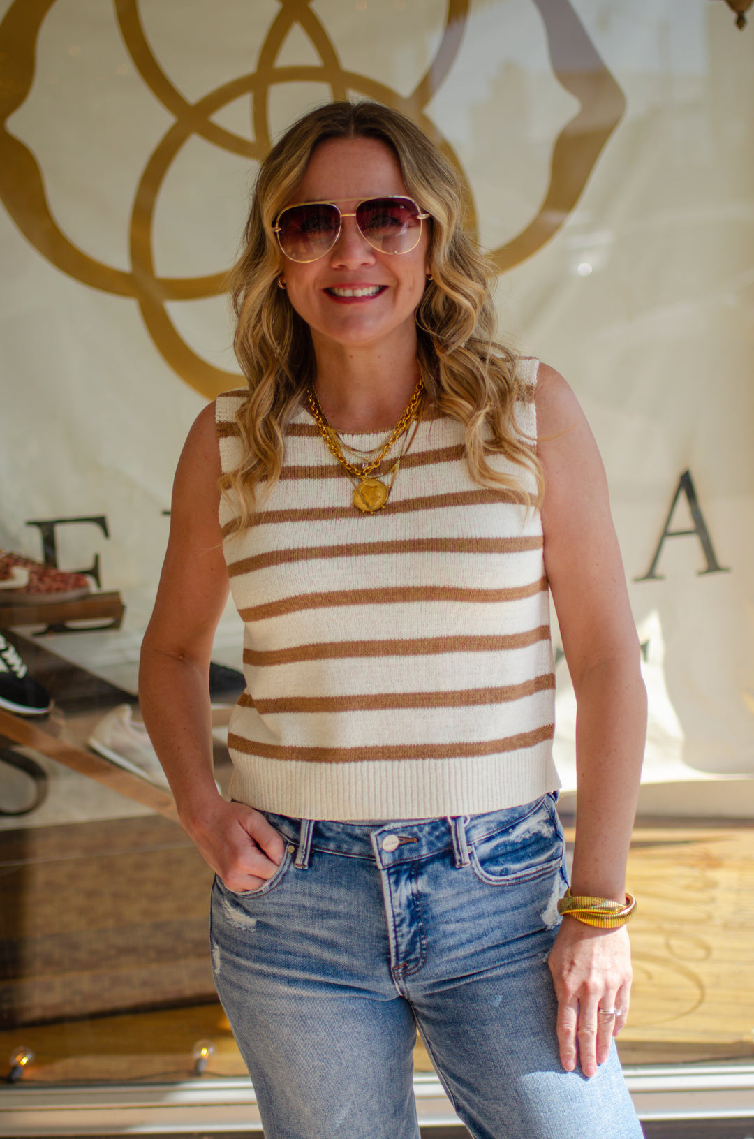 Summer Romance Knit Stripe Bow Back Top in Khaki