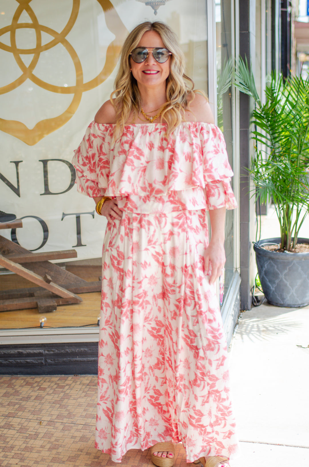 Bahamas Bound Floral Off The Shoulder Tiered Top in Coral