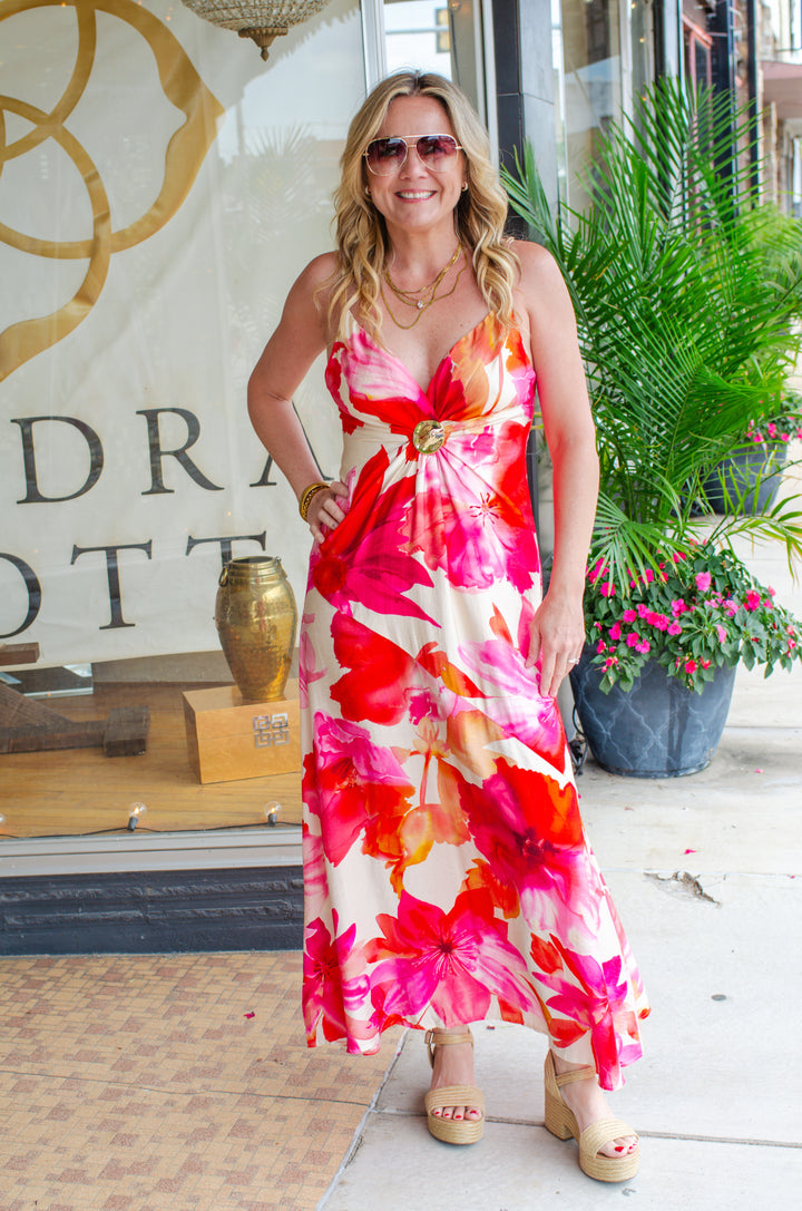 Tropical Escape Pink Floral Gold Emblem Twist Front Dress