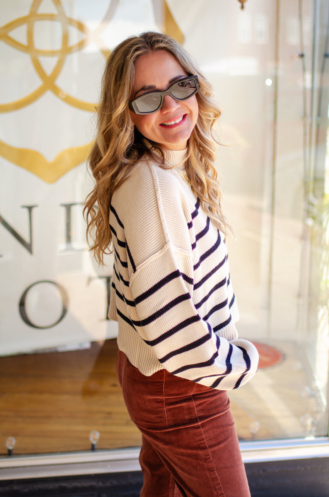 Your My Love Mock Neck Ribbed Stripe Sweater in Khaki