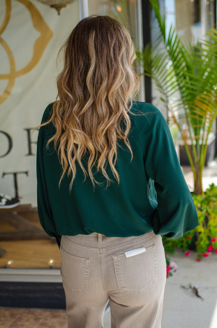 Take Your Time High Necklace Bubble Hem Long Sleeve in Emerald