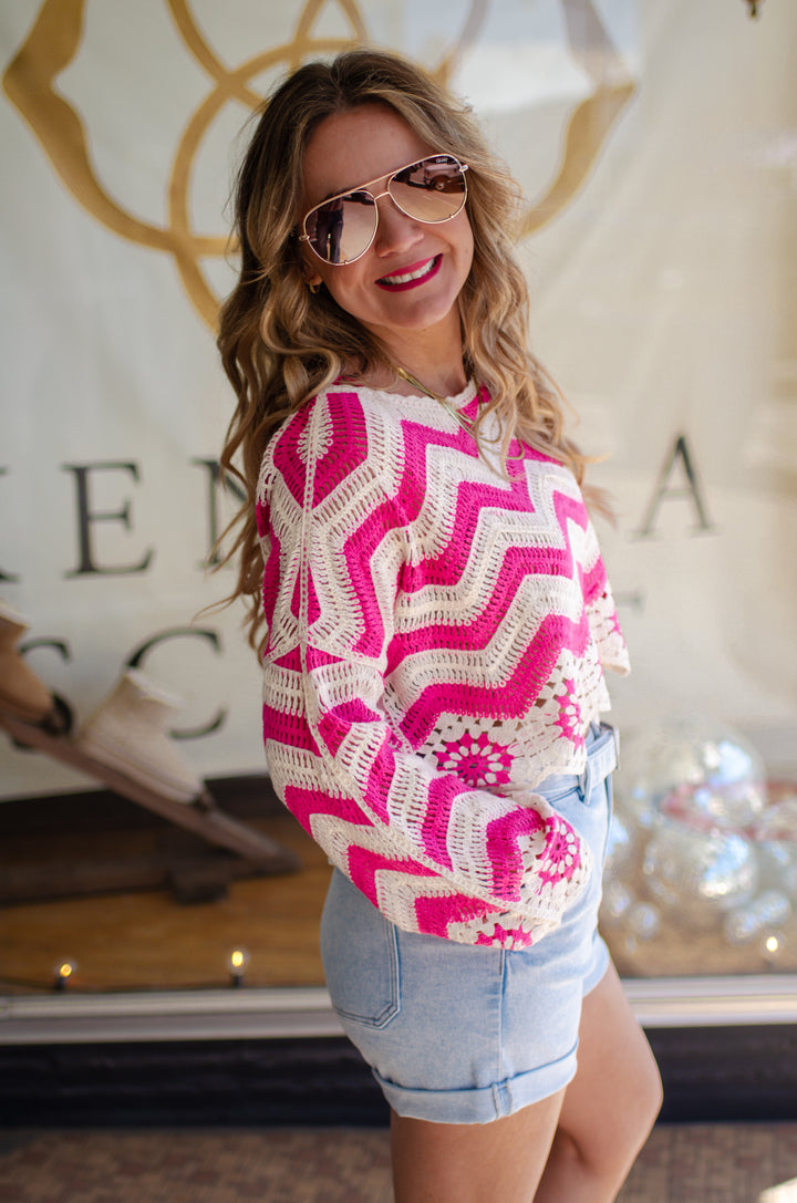 Pink Boho Crochet Knit Long Sleeve Top in Hot Pink