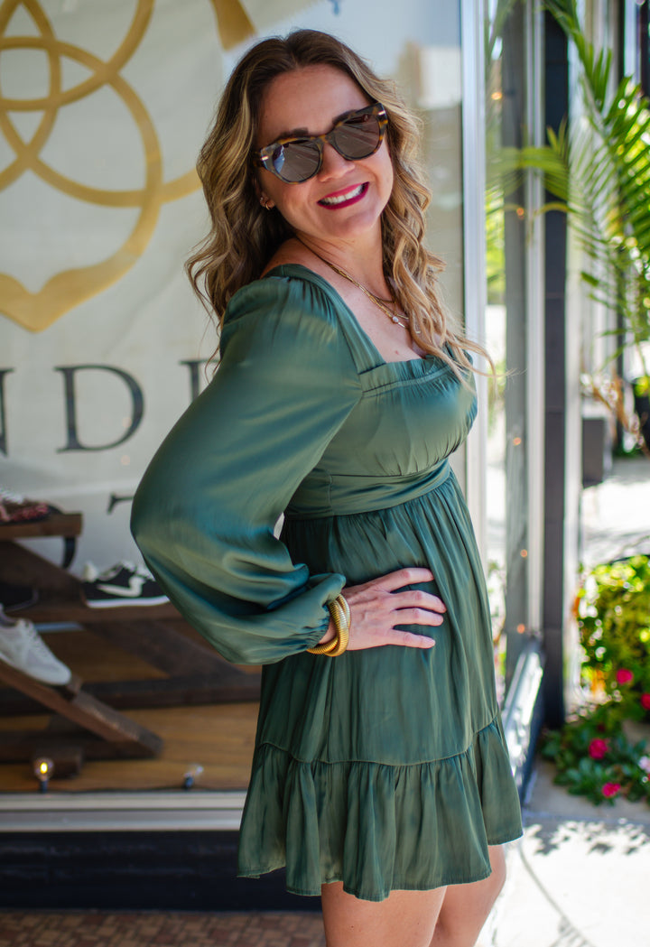 Emerald Wishes Silky Gathered Swing Dress