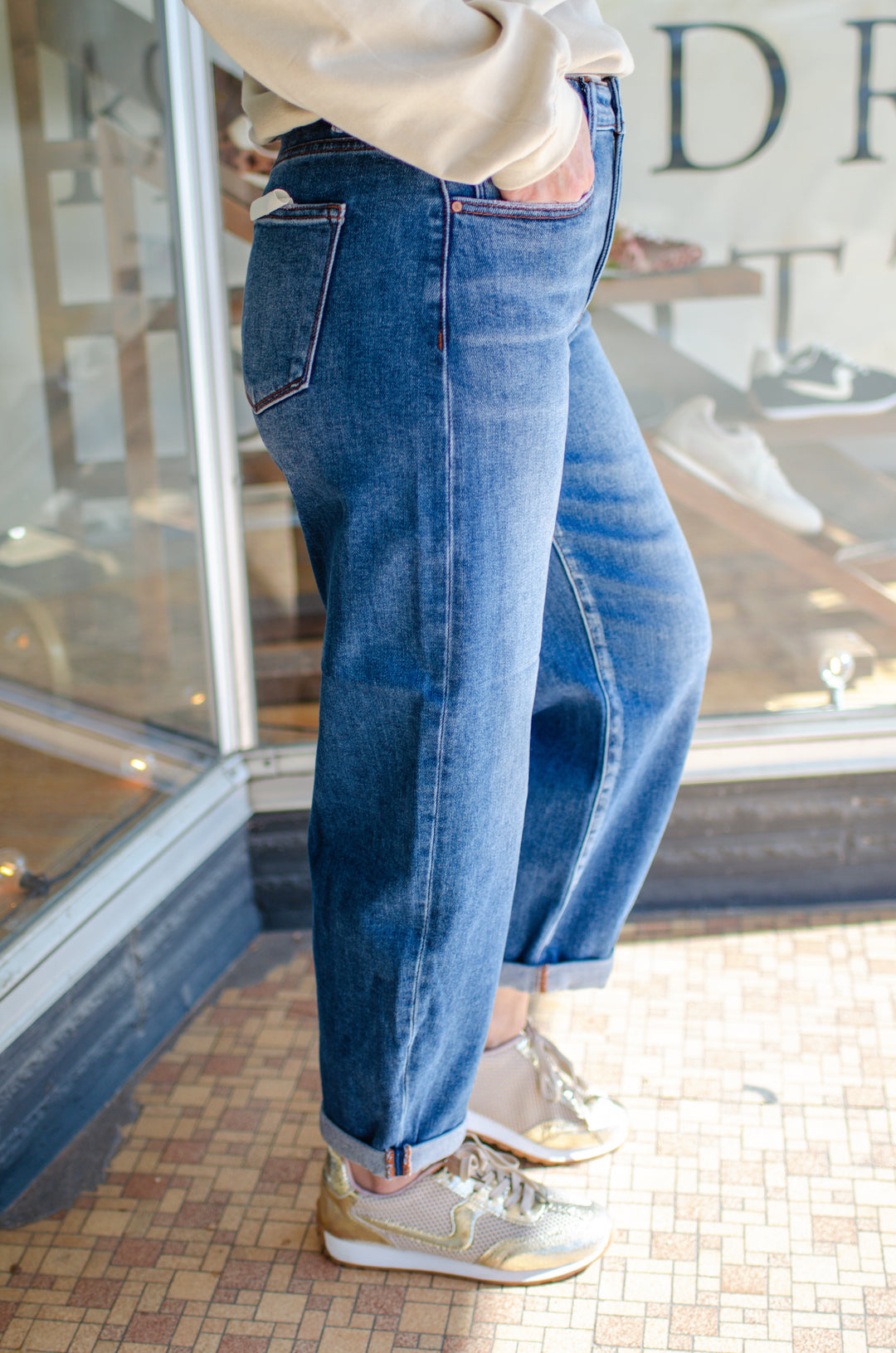 Risen High Rise Crop Barrel Jeans in Medium Wash