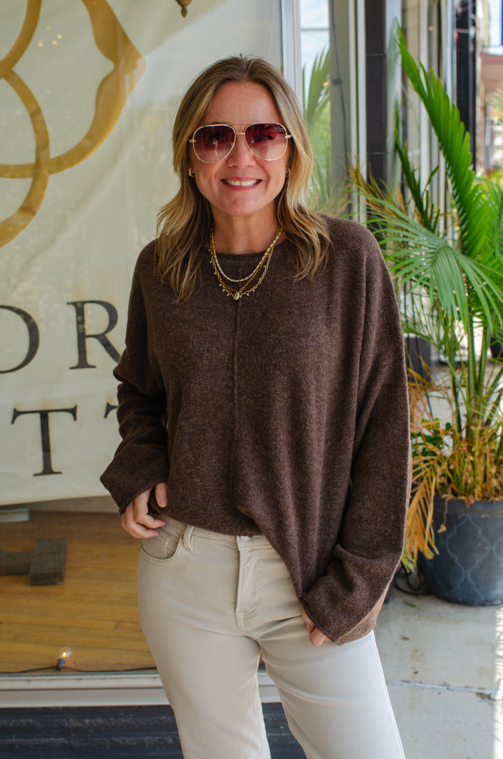 This Love Oatmeal Center Seam Rolled Neck Sweater in Chocolate