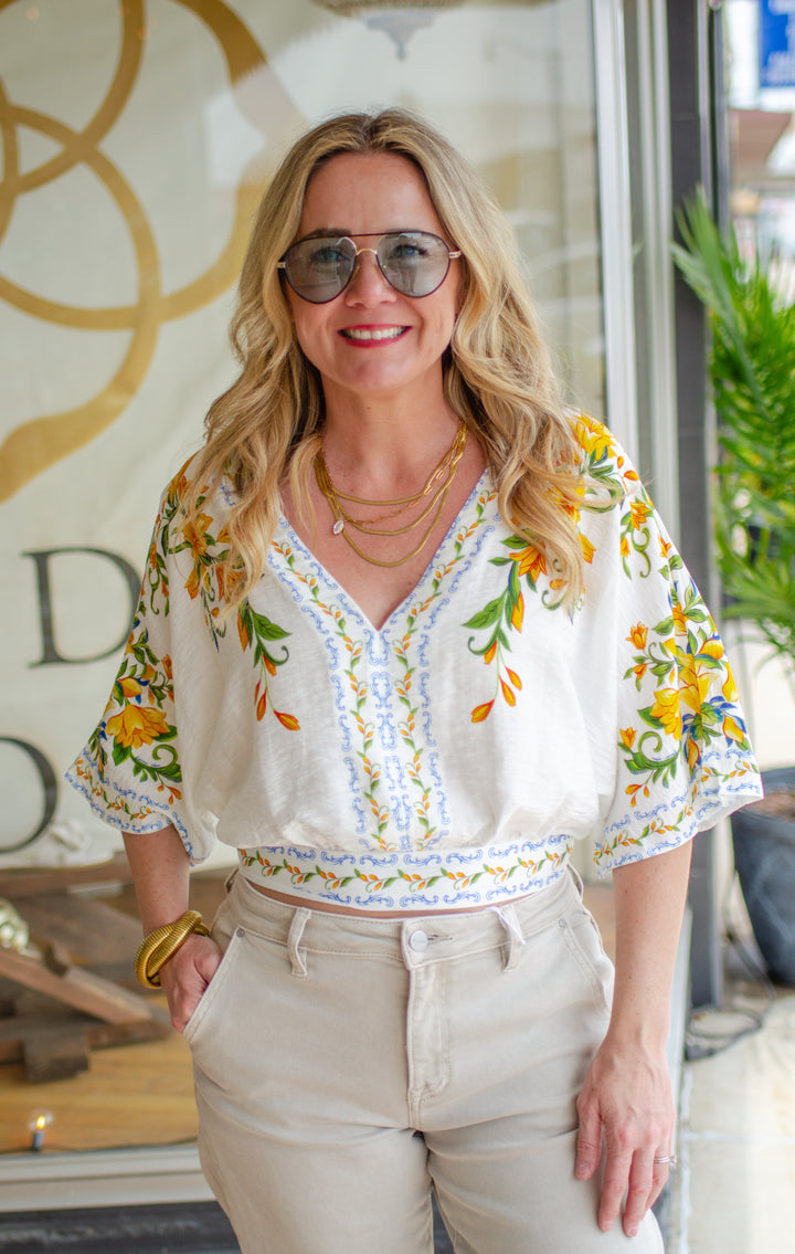 Amalfi Coast Floral Printed Kimono Sleeve Top in Yellow