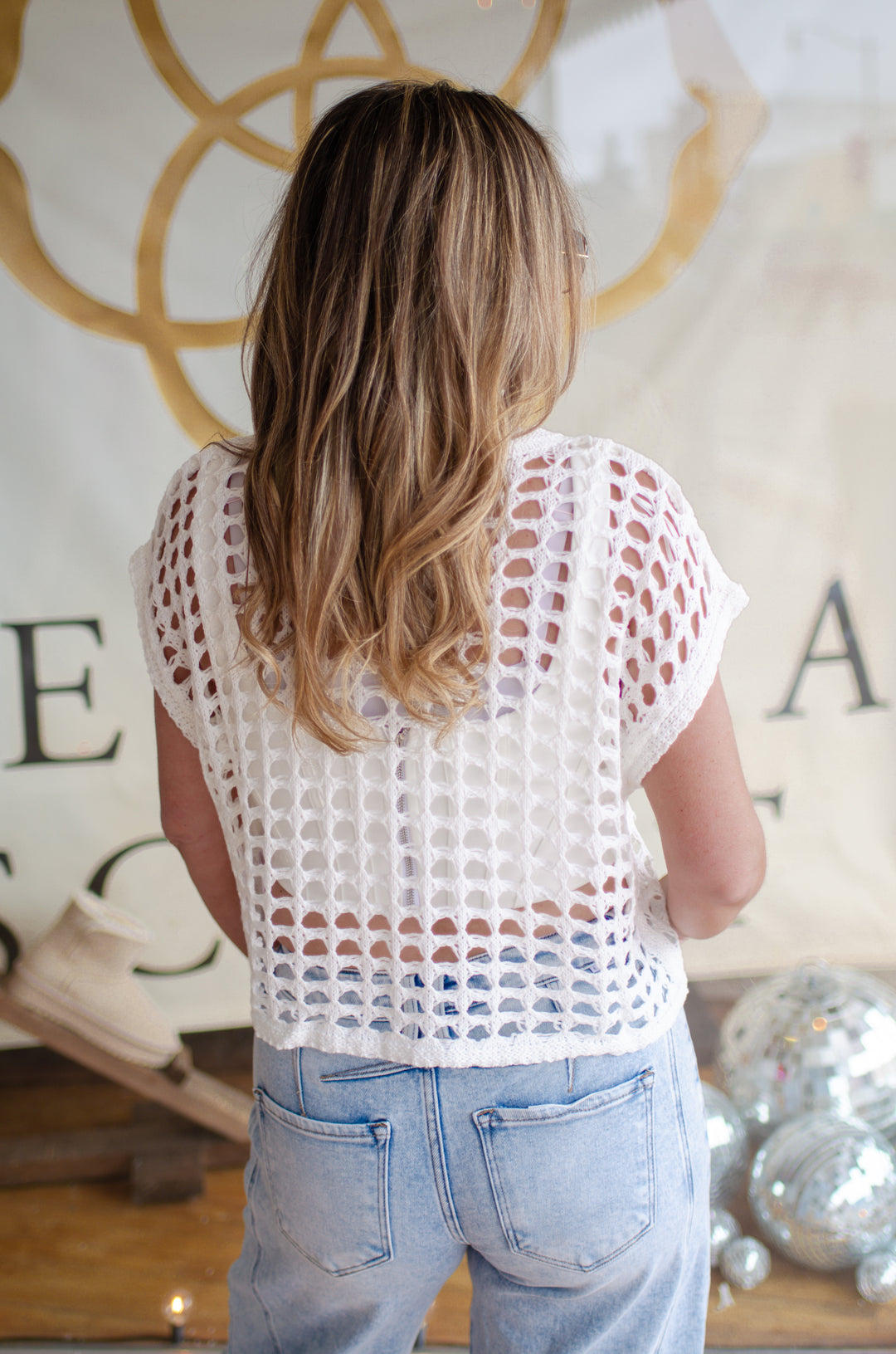 Perfectly Posh Meshed Knit Short Sleeve Top in White