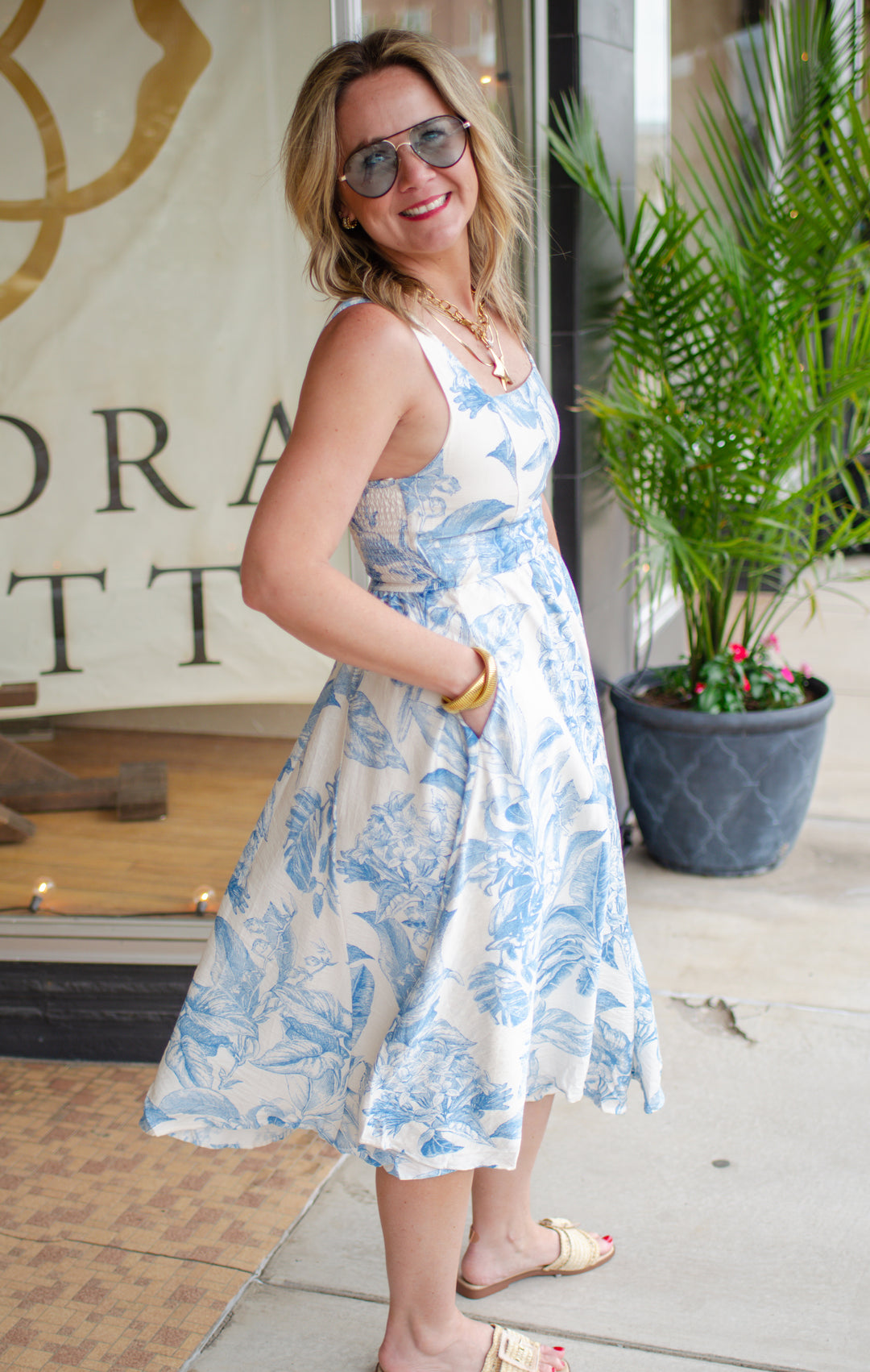 Take My Lead Blue Toile Printed Midi Dress