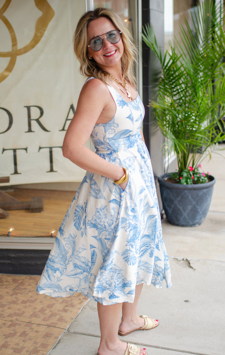 Take My Lead Blue Toile Printed Midi Dress