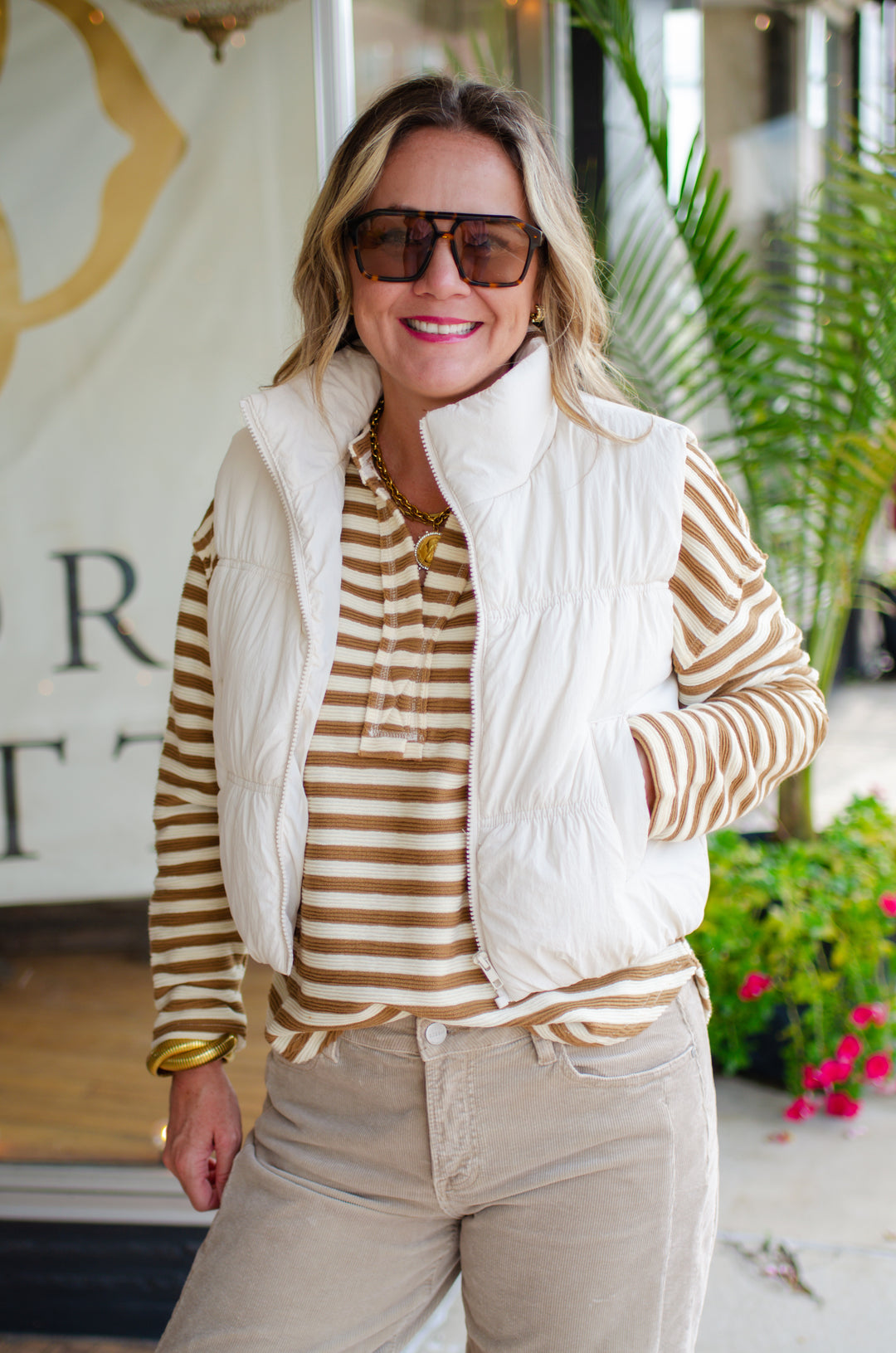 Adventure in The Alps Collared Zip Up Puffer Vest in Ivory