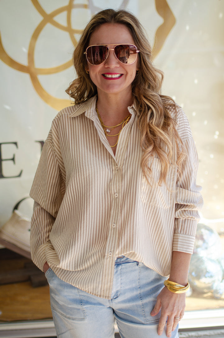 See Trough You Stripe Sheer Button Down Collared Top in Taupe