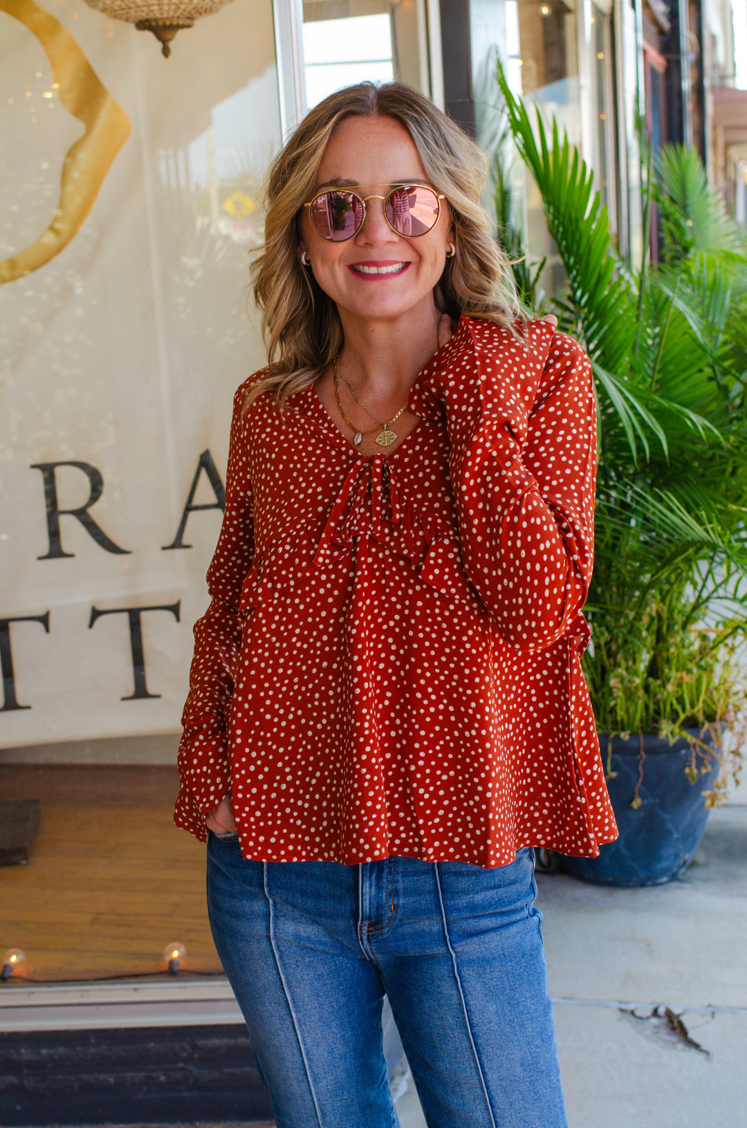 Fall Feels Polka Dot Rust Babydoll Long Sleeve Top