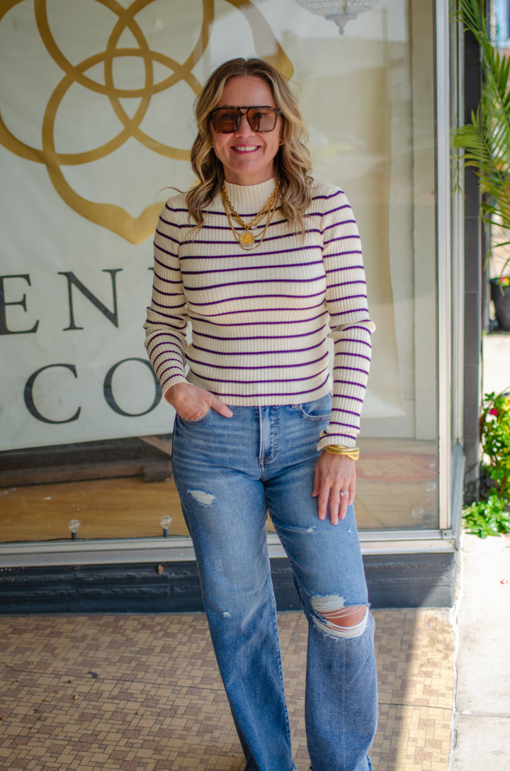 Love Story Ribbed Stripe Fitted Mock Neck Top in Cream