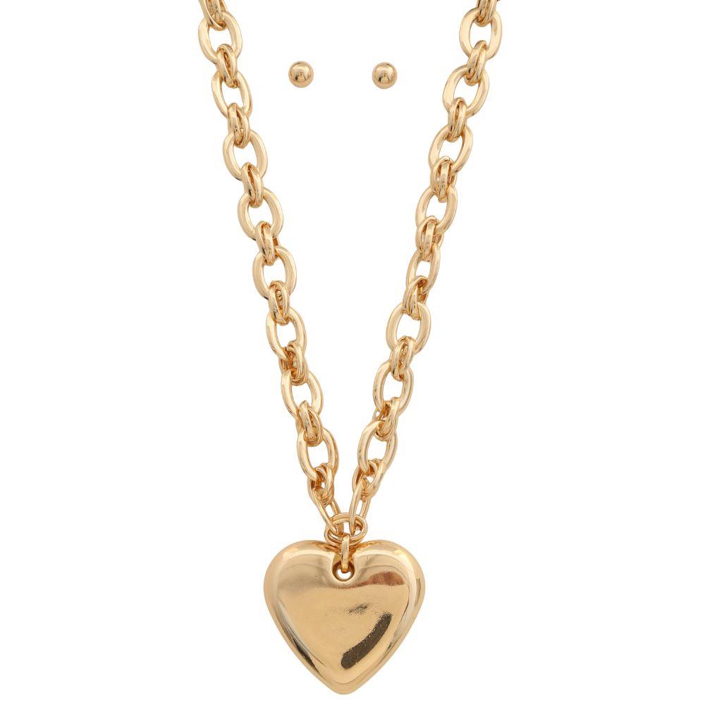 Gold Puffy Heart Circle Chain Link Necklace