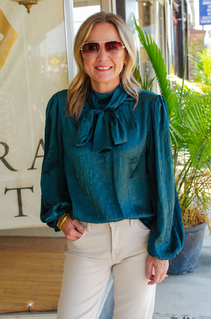 True Heart Bow Neckline Textured Satin Long Sleeve Blouse in Emerald Green