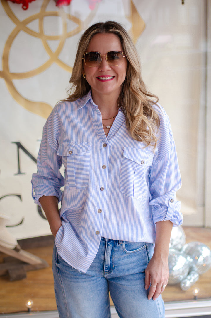 Everyday Pocket Front Blue Pinstripe Button Down Top