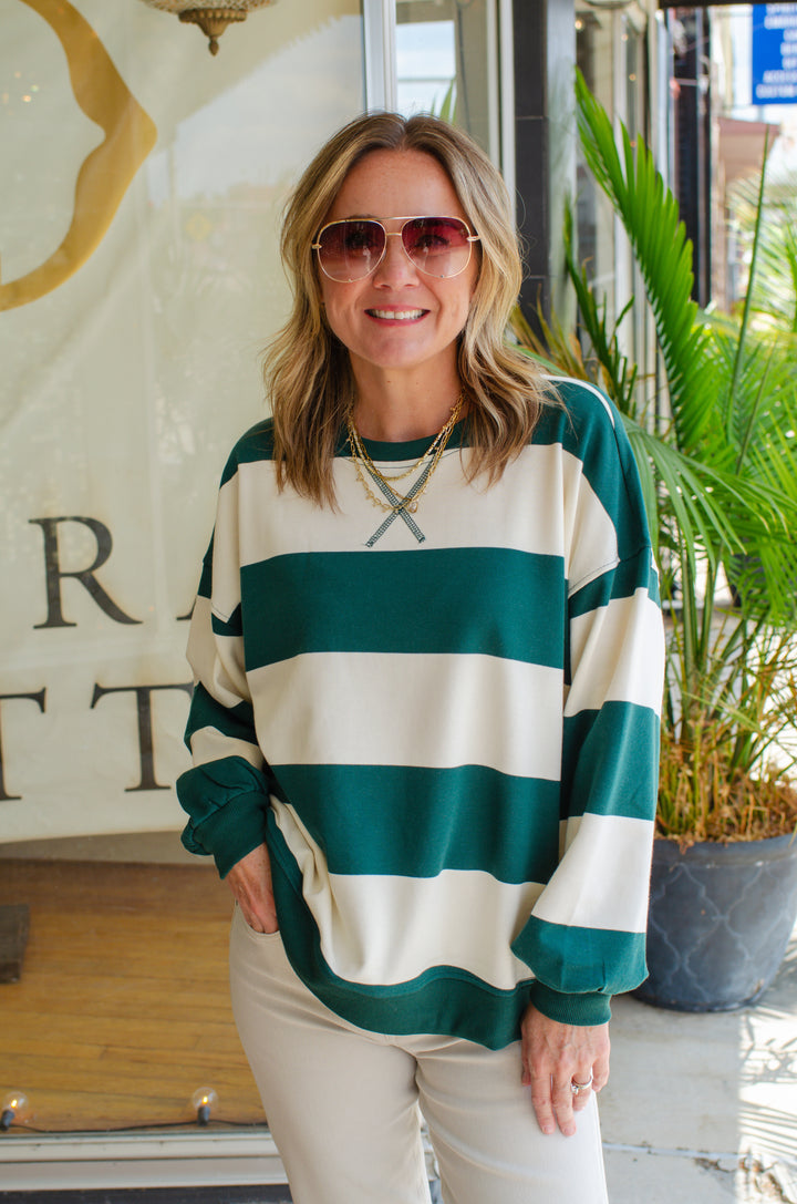 Be Bold Green & Cream Stripe Oversized Crewneck Long Sleeve Top