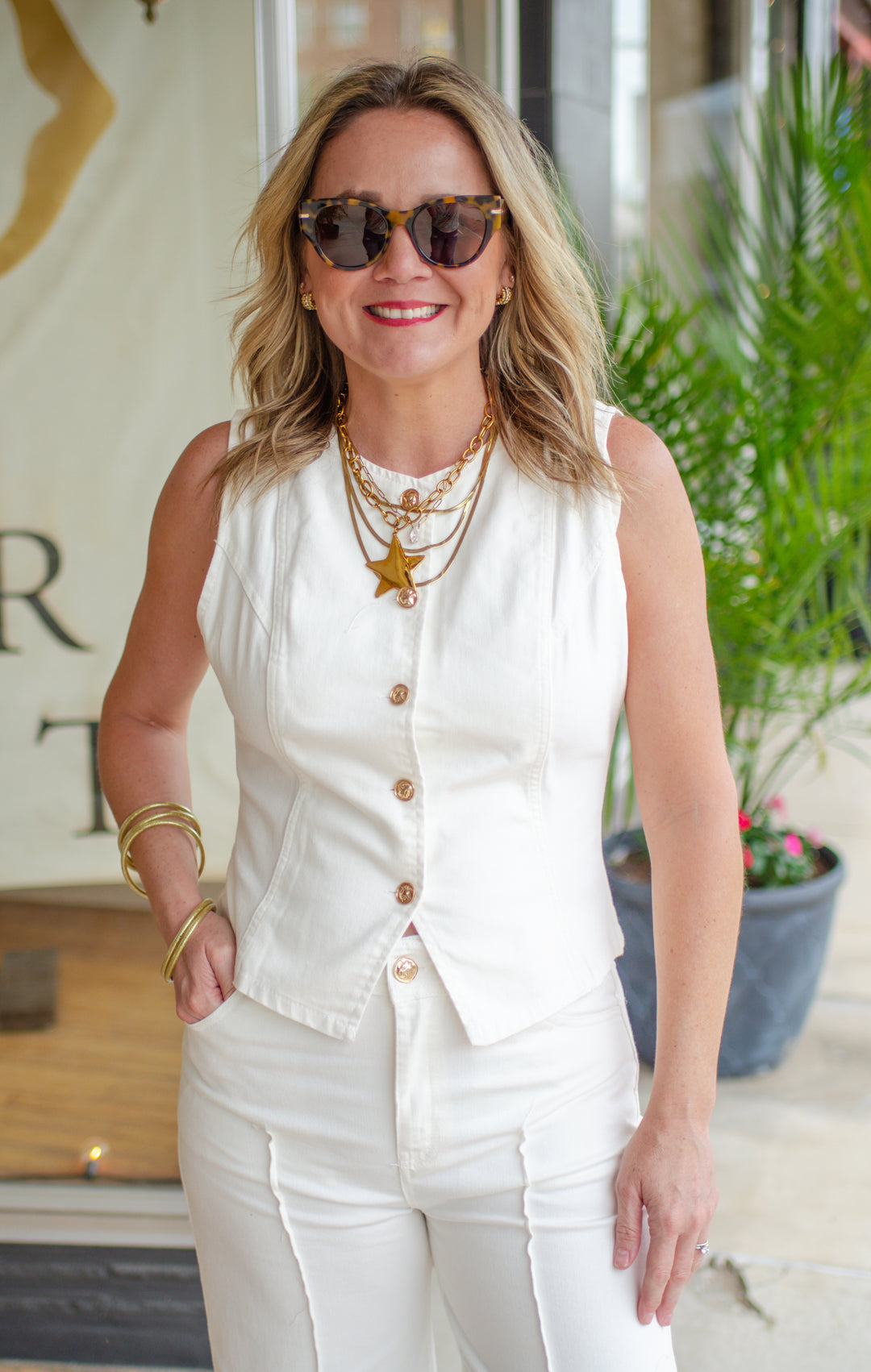 Make A Statement Gold Button Down Sleeveless Denim Vest in White