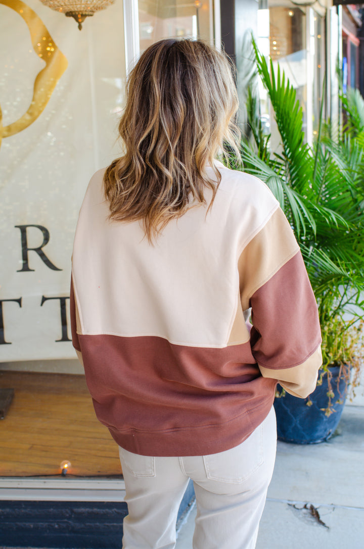 Fall Moments Color Block Oversized Pullover in Mocha