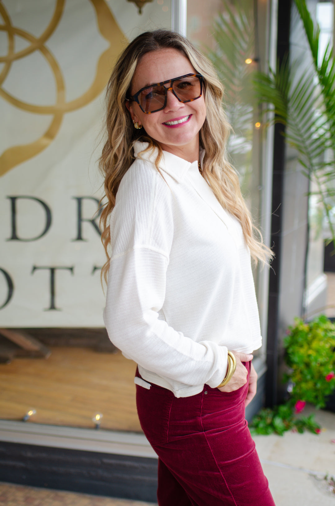 Take Your Time Split Neckline Long Sleeve Collared Top in Cream