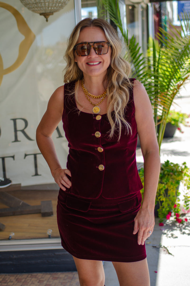 Winter Wish Velvet Button Down Top in Wine