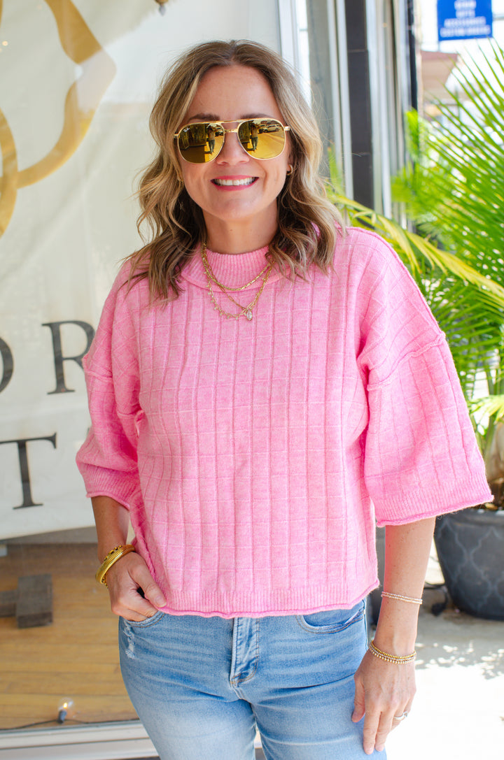 Perfect Fall Short Sleeve Textured Sweater Top in Pink