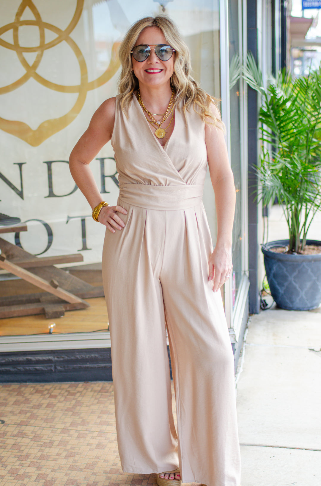 Cloud Nine Sleeveless Cross Front Jumper in Tan